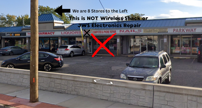 Street view showing the wrong repair shop crossed out with a red X and a note that JWS Electronics Repair is 8 stores to the left