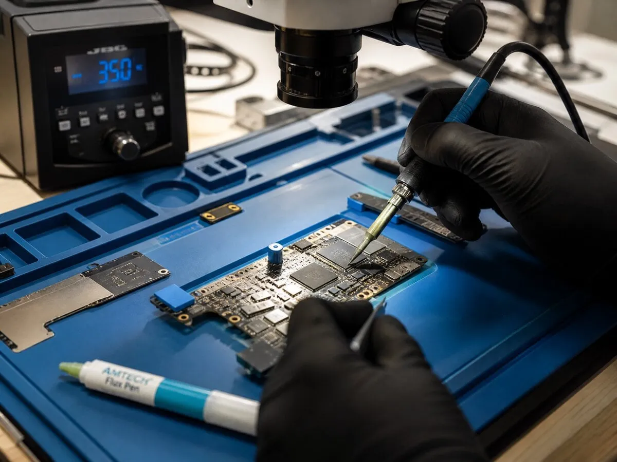 Technician repairing a smartphone circuit board with a precision soldering iron on a clean electronics workbench