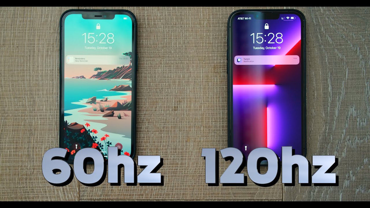 Side-by-side comparison of 120 Hz ProMotion scrolling versus 60 Hz scrolling on iPhone showing smoothness difference