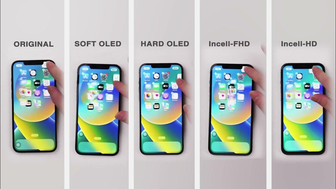 Side-by-side comparison of incell LCD, hard OLED, soft OLED, and OEM iPhone screens showing color and contrast differences