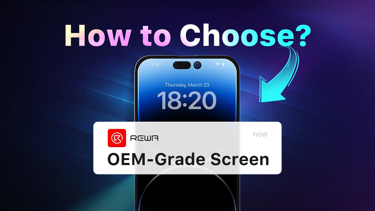 Multiple grades of iPhone replacement screens laid out side by side showing OEM, soft OLED, hard OLED, and incell options